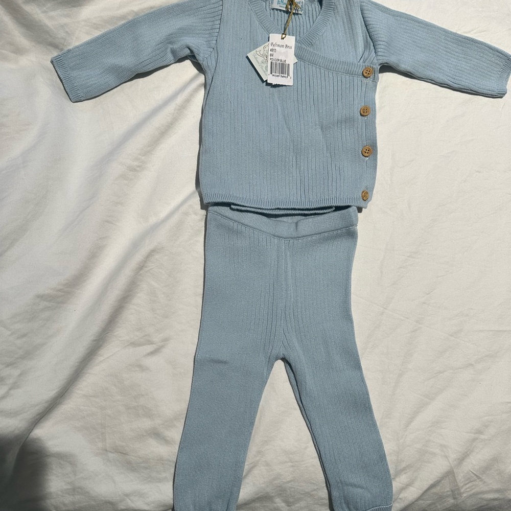 Feltman Brothers Knit Wrap Sweater & Pants Set, 6m, Powder blue NWT